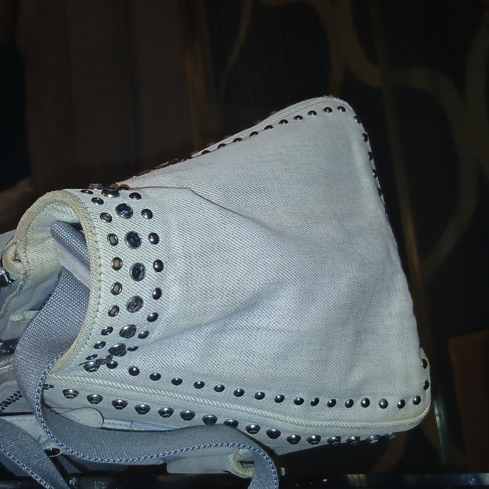 Prada Light Gray Denim Canapa Studded Tote Bag With Crossbody Strap - Picture 3 of 16